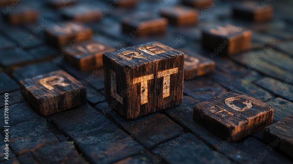 Obraz premium Close-up of wooden letter blocks on cobblestone surface in natural light