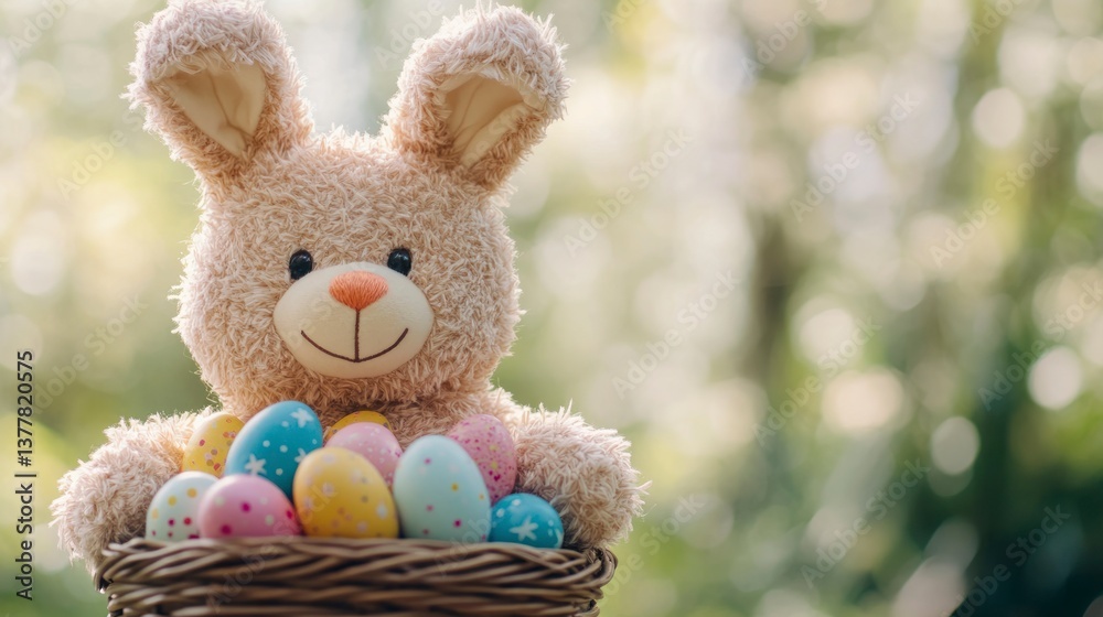 Fototapeta premium Stuffed Bunny Holding Easter Eggs in Basket with Blurry Green Background