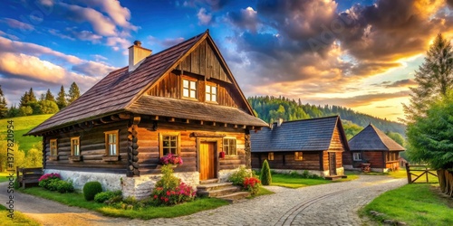 Panoramic Slovak Village House: Traditional Wooden Architecture, Martin, Museum, Countryside, Timbered Home