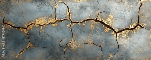 A close up of a cracked surface with gold and blue colors and a pattern of dark lines visible on it