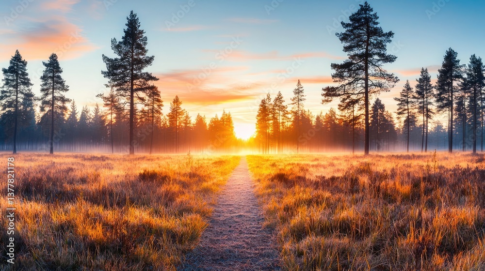 Obraz premium Sunset forests glow over misty meadow with radiant sunbeam concept. A scenic sunset view over a tranquil forest landscape.