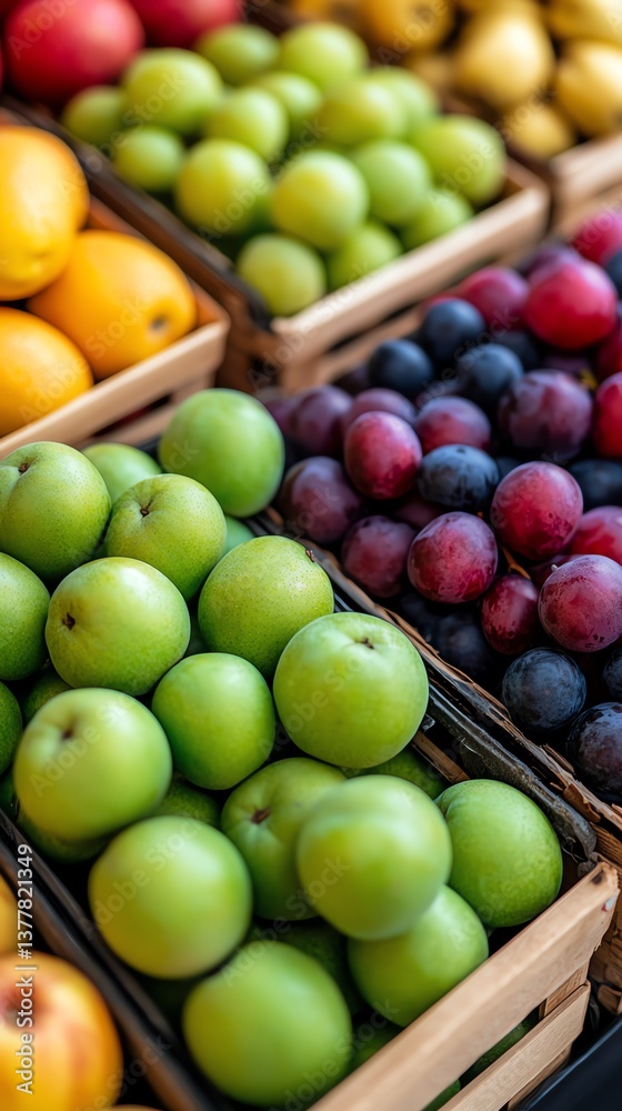 Market stalls overflowing with freshly picked fruits from local orchards Market stalls overflowing with freshly picked fruits from local orchards