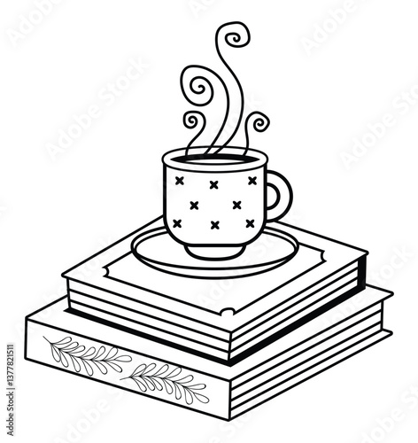 Teacup and books coloring page. Enjoy free time vector illustration. A cup of nature. Coloring book for adult and other decorations.   