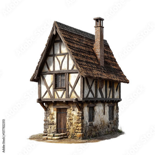 Charming medieval half-timbered house with a thatched roof, wooden beams, and stone foundation, photo