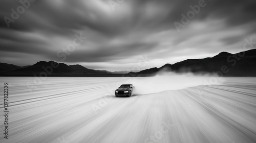 Voiture sportive noire filant sur un lac salé en noir et blanc avec horizon montagneux.