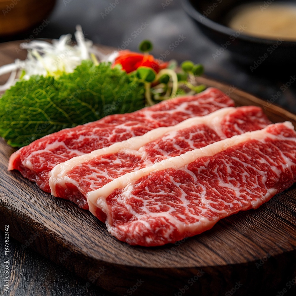 Ultra detailed macro shot of Matsusaka beef intricate marbling of silky white fat woven into rich red meat placed premium Japanese wooden board delicate garnish warm lighting emphasizing tender Ultra detailed macro shot of Matsusaka beef intricate marbling of silky white fat woven into rich red meat placed premium Japanese wooden board delicate garnish warm lighting emphasizing tender