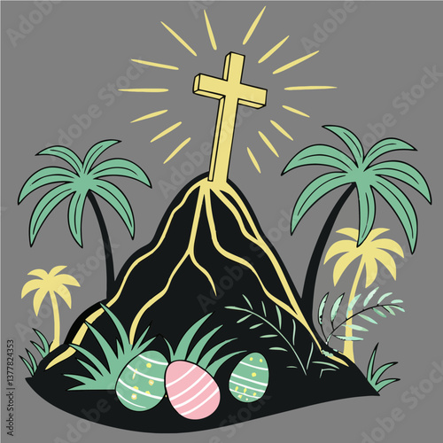 A vibrant vector icon of a golden cross rising from a lush Hawaiian volcano, surrounded by swaying palm trees and pastel Easter eggs nestled in the black volcanic  sand