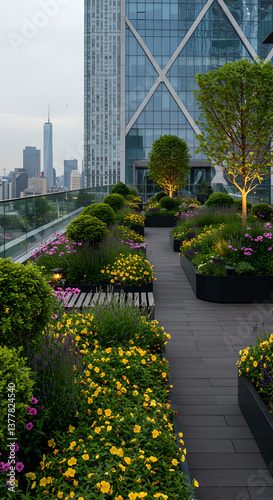 Lush vertical garden transforms an urban rooftop into green oasis. Blend of nature and modern architecture promotes sustainability, creating vibrant eco-friendly cityscape. Vertical shot
