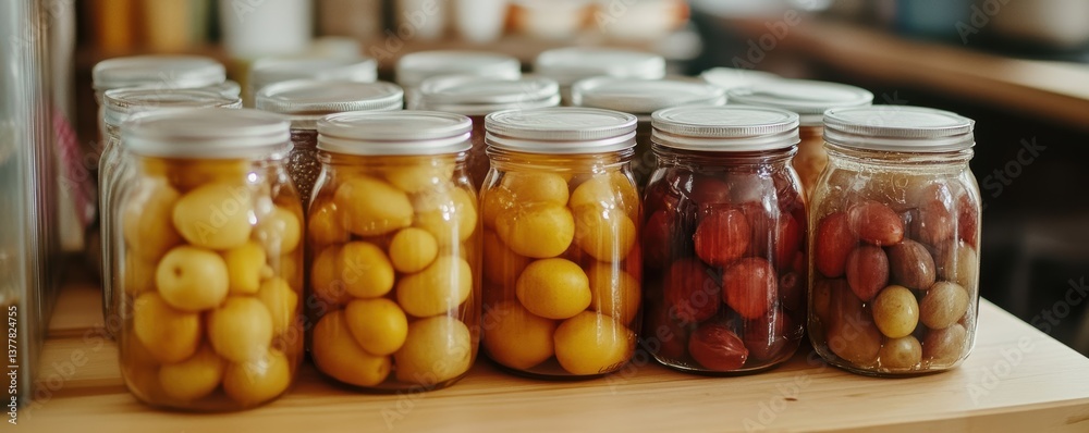 Assorted pickled fruits in glass jars on wooden shelf in kitchen setting