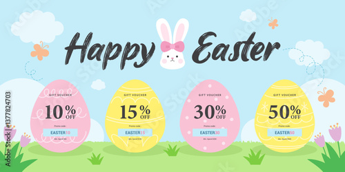 Happy Easter Sale banner vector design. Colorful Easter eggs gift voucher in the garden