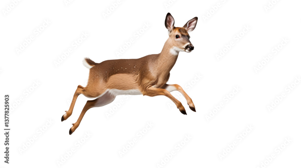 A deer with brown fur and white spots leaping against a black background A deer with brown fur and white spots leaping against a black background