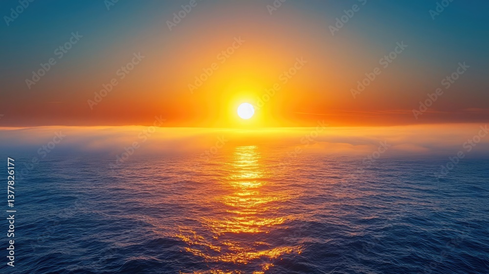 Fototapeta premium Sunset over the ocean scenic view with vibrant sky and dramatic dusk concept. A breathtaking sunset over a calm ocean creating serene reflections.