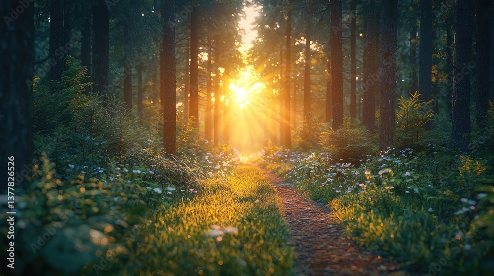 Fototapeta premium Sunset forests glow over misty meadow with radiant sunbeam concept. A tranquil forest scene with sunlight filtering through trees.