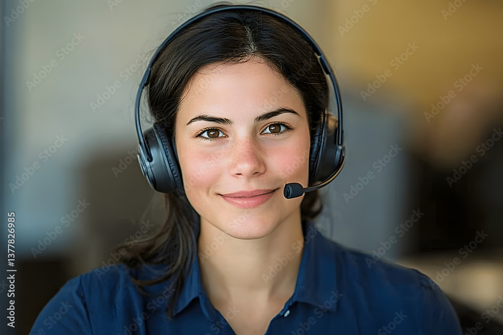 A young woman smiles while wearing a headset in a modern office, ready to assist customers. A young woman smiles while wearing a headset in a modern office, ready to assist customers.