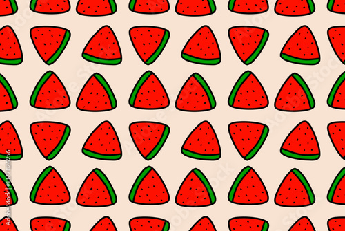 Cute seamless watermelon slice pattern. Watermelon patten vector illustration with beige pastel wallpaper