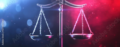 Balanced scales of justice in red and blue light
