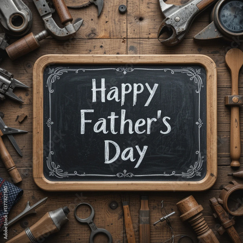 Happy Fathers Day message on a chalkboard tag with frame of tools and ties on a wooden background, vintage styling