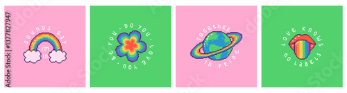 Set of square pride posters with LGBTQ symbols and phrases. Hand drawn illustrations in pixel style.
