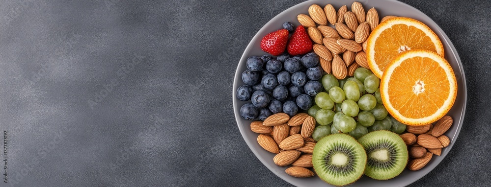 Five-sectioned plate displays a vibrant selection of fruits, vegetables, nuts, and mint, perfect for a nutritious snack Five-sectioned plate displays a vibrant selection of fruits, vegetables, nuts, and mint, perfect for a nutritious snack