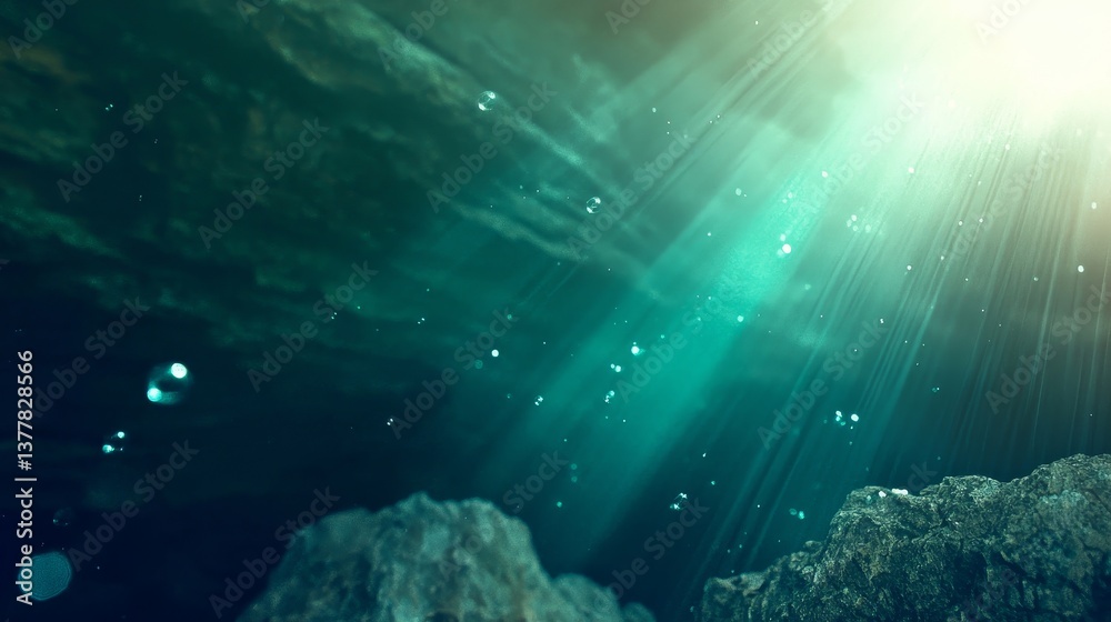 Fototapeta premium Sunlight Beaming Through Water Surface Over Rocky Underwater Scene