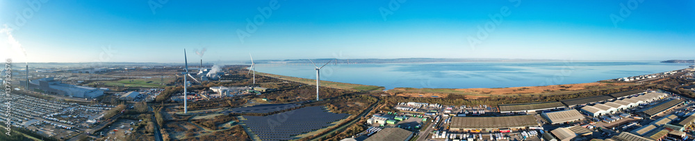 Fototapeta premium Aerial Panoramic View of Industrial Estate and Sea Port and Docks at Avonmouth Bristol City of England United Kingdom During Clear Cold Day of February 28th, 2025. 