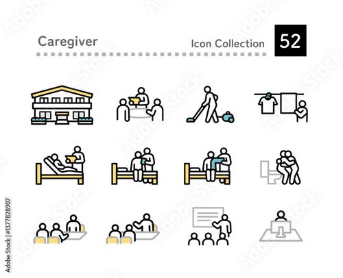Icon set of caregivers working in elderly care facilities