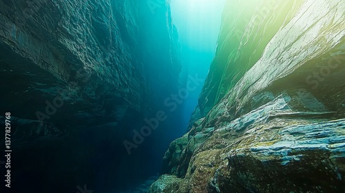 Underwater Canyon with Sunlight Filtering Through Deep Blue Waters
