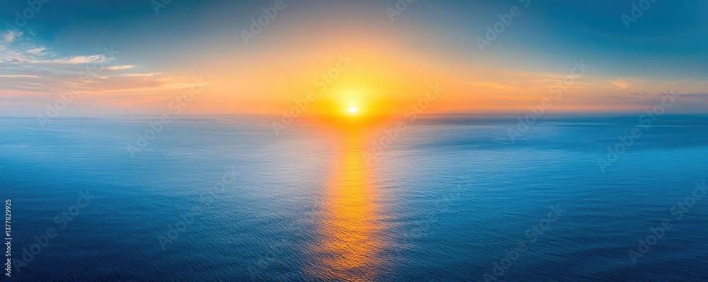 Obraz premium Sunset over the ocean scenic view with vibrant sky and dramatic dusk concept. Serene ocean sunset reflecting vibrant colors across the water.