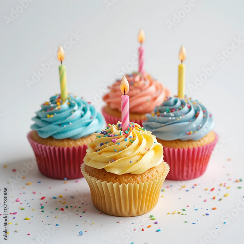 Colorful birthday cupcakes on white.