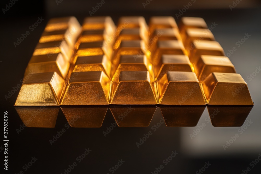 Stack of shiny gold bars ingots on dark background Stack of shiny gold bars ingots on dark background