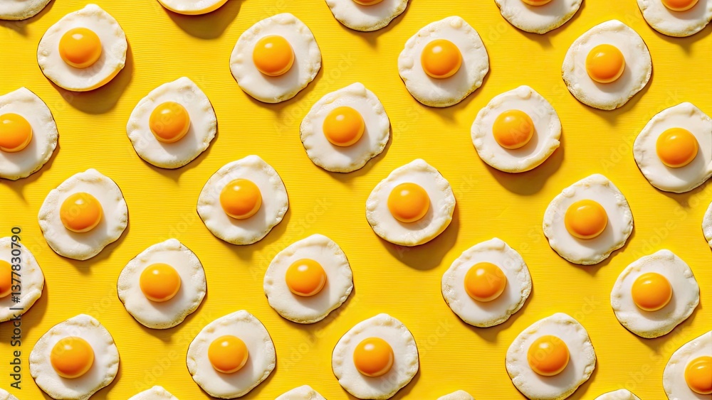 Yellow Background Fried Egg Pattern, Conceptual Food Photography, Artistic Egg Arrangement, Stylish Breakfast Photo Yellow Background Fried Egg Pattern, Conceptual Food Photography, Artistic Egg Arrangement, Stylish Breakfast Photo