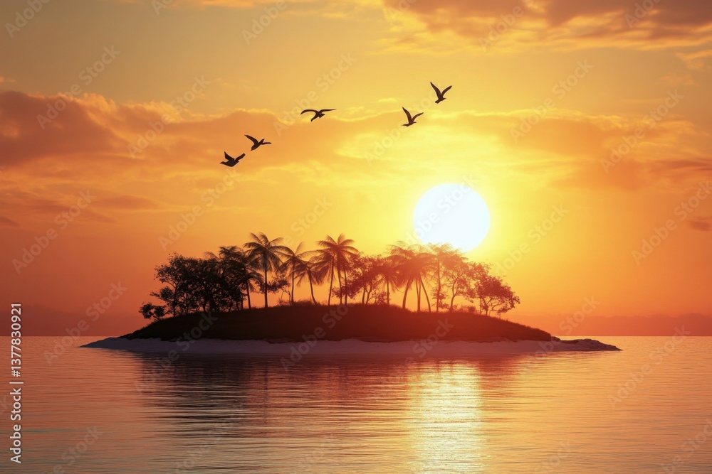 Naklejka premium Sunset view over a tropical island with palm trees and flying birds