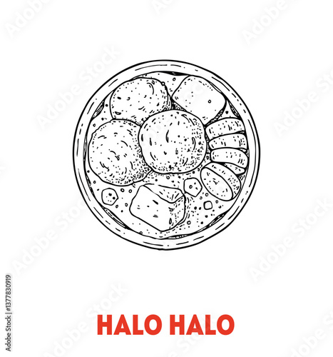Halo Halo hand-drawn sketch - Traditional Filipino Food - Vector illustration. Top view