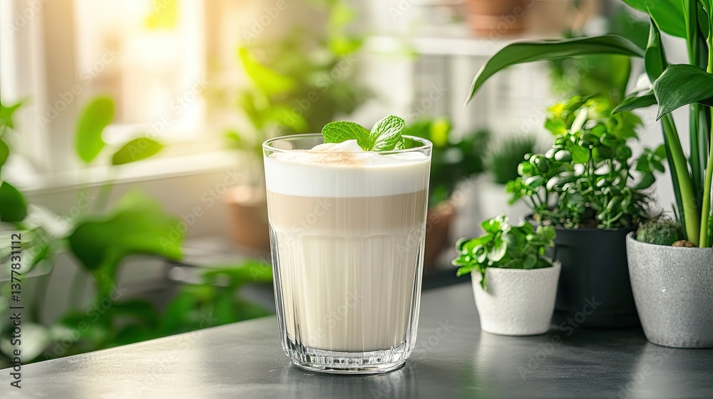 A creamy green tea latte sits in a glass on a wooden table, offering a refreshing drink in a warm and inviting cafe atmosphere A creamy green tea latte sits in a glass on a wooden table, offering a refreshing drink in a warm and inviting cafe atmosphere