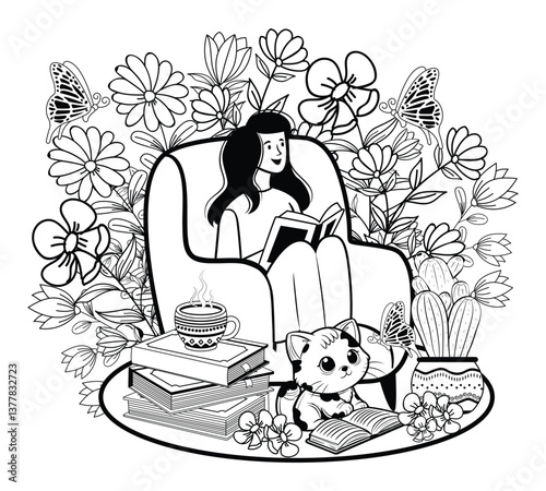 Woman reading book. Relaxing and enjoying free time. Girl with cat. Coloring book for adult and other decorations.