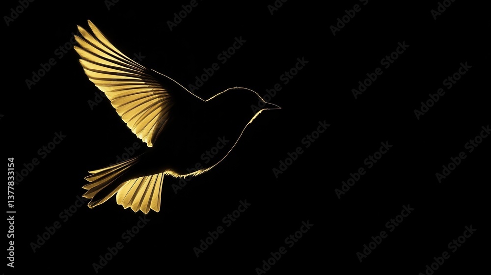 Obraz premium Dramatic Golden Bird Silhouette Flying Against Deep Black Background