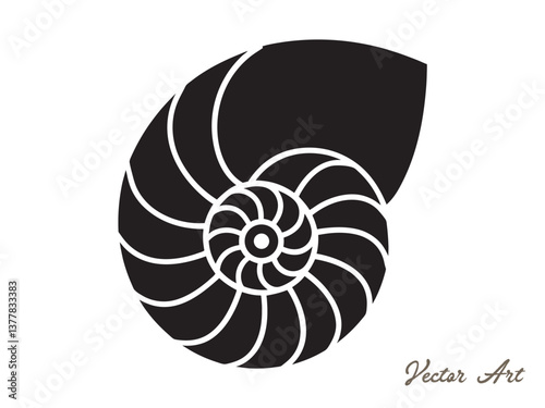 Nautilus sea shell or spiral round snail shell vector silhouette on white background