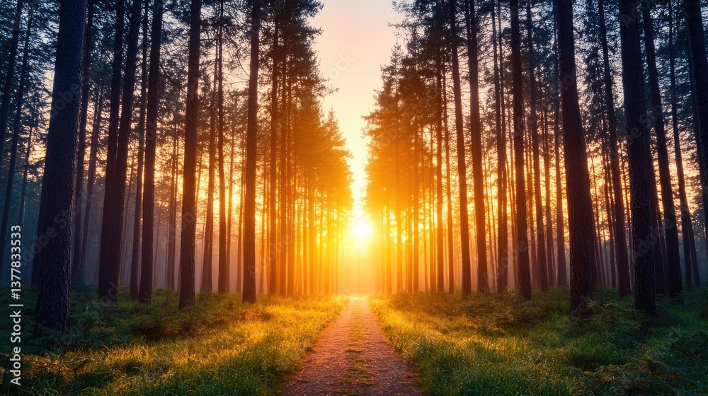 Fototapeta premium Sunset forests glow over misty meadow with radiant sunbeam concept. A serene forest pathway illuminated by a beautiful sunrise.