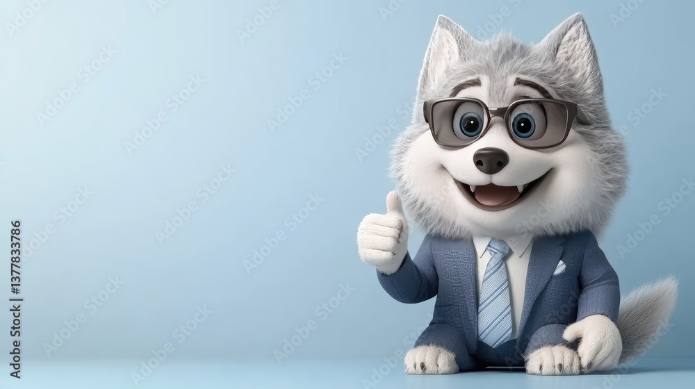 Fototapeta premium A cheerful wolf dressed in a business suit and sunglasses displays a thumbs-up gesture, radiating positivity and style