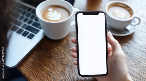 Hand Holding a Smartphone with Blank Screen in Cozy Coffee Shop Setting with Lattes and Laptop