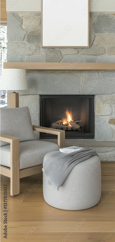 Fototapeta premium Rustic living room exudes warmth with a fireplace, vintage armchair, and a blank picture frame above, creating a welcoming atmosphere