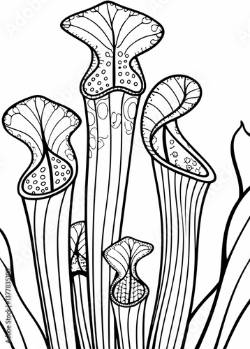 Sarracenia Outline Drawing.
Black and white outline of Sarracenia pitcher plants. Concept: botany, structure, carnivorous flora. Great for coloring books, botanical posters, tattoo outlines, education
