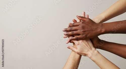 Diverse hands stacked together in unity against a neutral background  