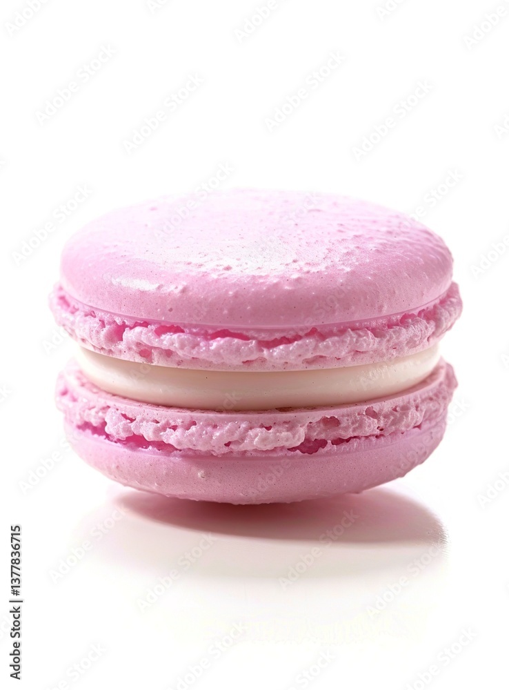 A pink macaron, with a white background and a front view. The photo is taken from the side of the A pink macaron, with a white background and a front view. The photo is taken from the side of the