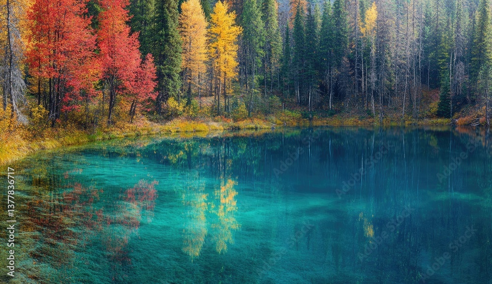 Fototapeta premium Autumn lake reflecting vibrant fall foliage