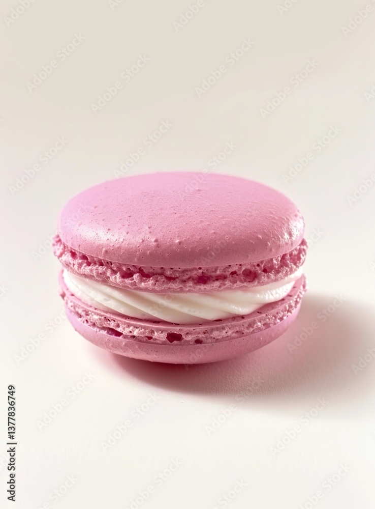 A pink macaron with white cream filling, placed on the left side of an all-white background. The A pink macaron with white cream filling, placed on the left side of an all-white background. The