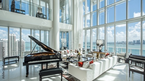 Luxurious penthouse living room with panoramic city views