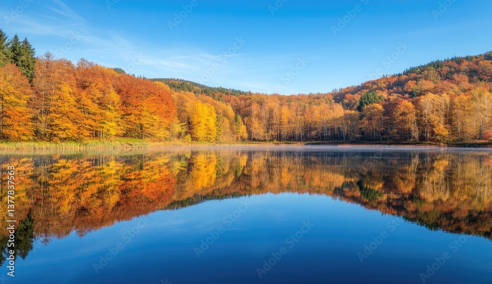 Autumnal lake scenery, vibrant colors reflected in still water Autumnal lake scenery, vibrant colors reflected in still water