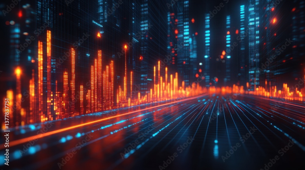 Obraz premium Dynamic urban skyline with financial data visualization at night showcasing growth and investment potential in modern city life