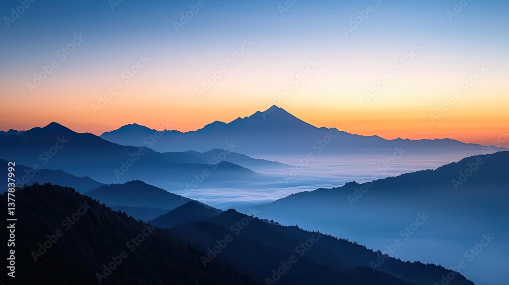 Obraz premium Sunset over the ocean scenic view with vibrant sky and dramatic dusk concept. Breathtaking view of mountains at sunset with misty valleys.